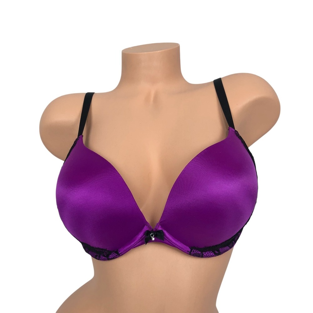 Fredericks of Hollywood Purple Satin Lace Padded Push Up Bra Size 34D‎ Underwire